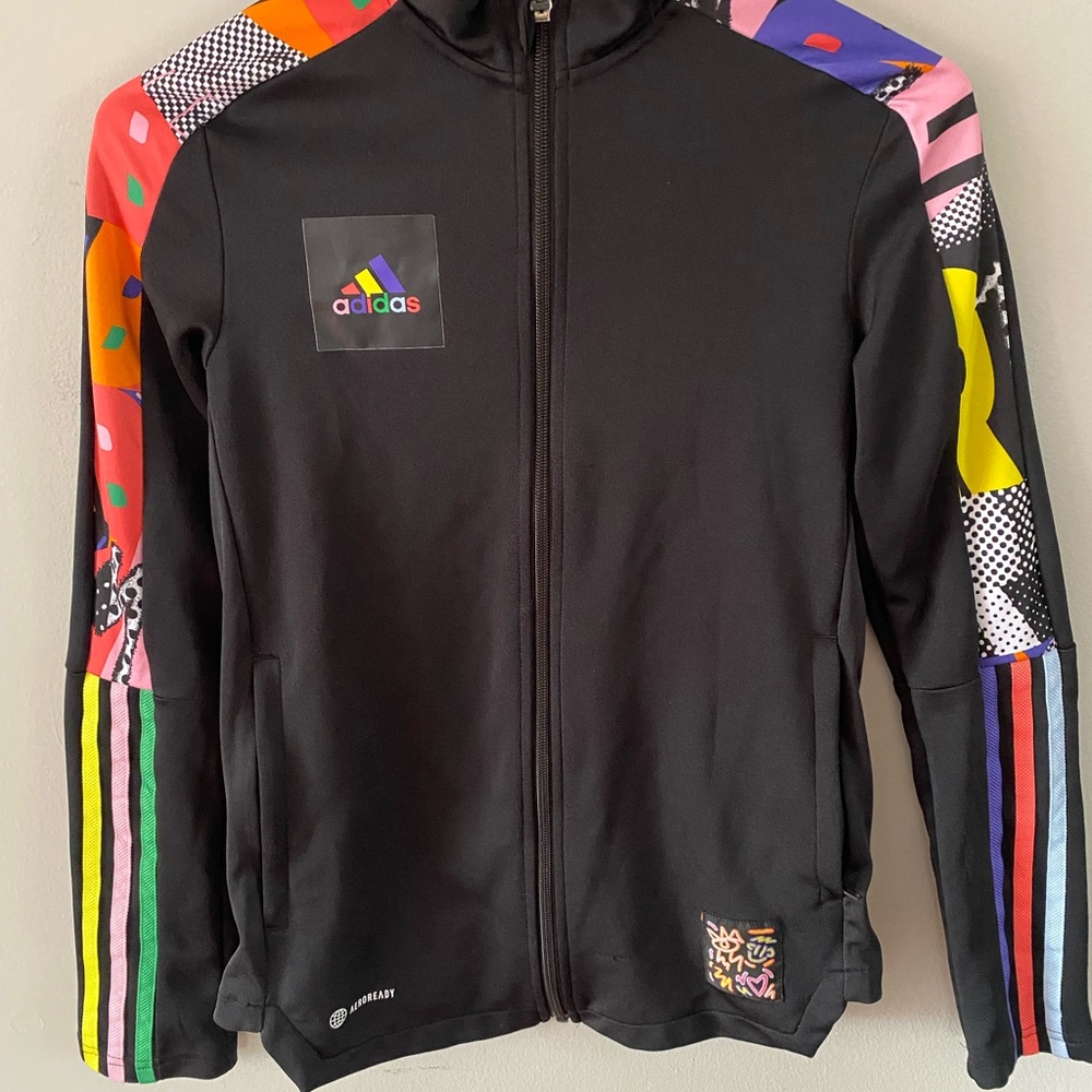 Adidas Tiro Rainbow‎ Pride women’s size XS Black Jacket with Multicolor Accents